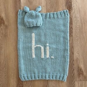 Blue Knit Baby Blanket and Hat Set